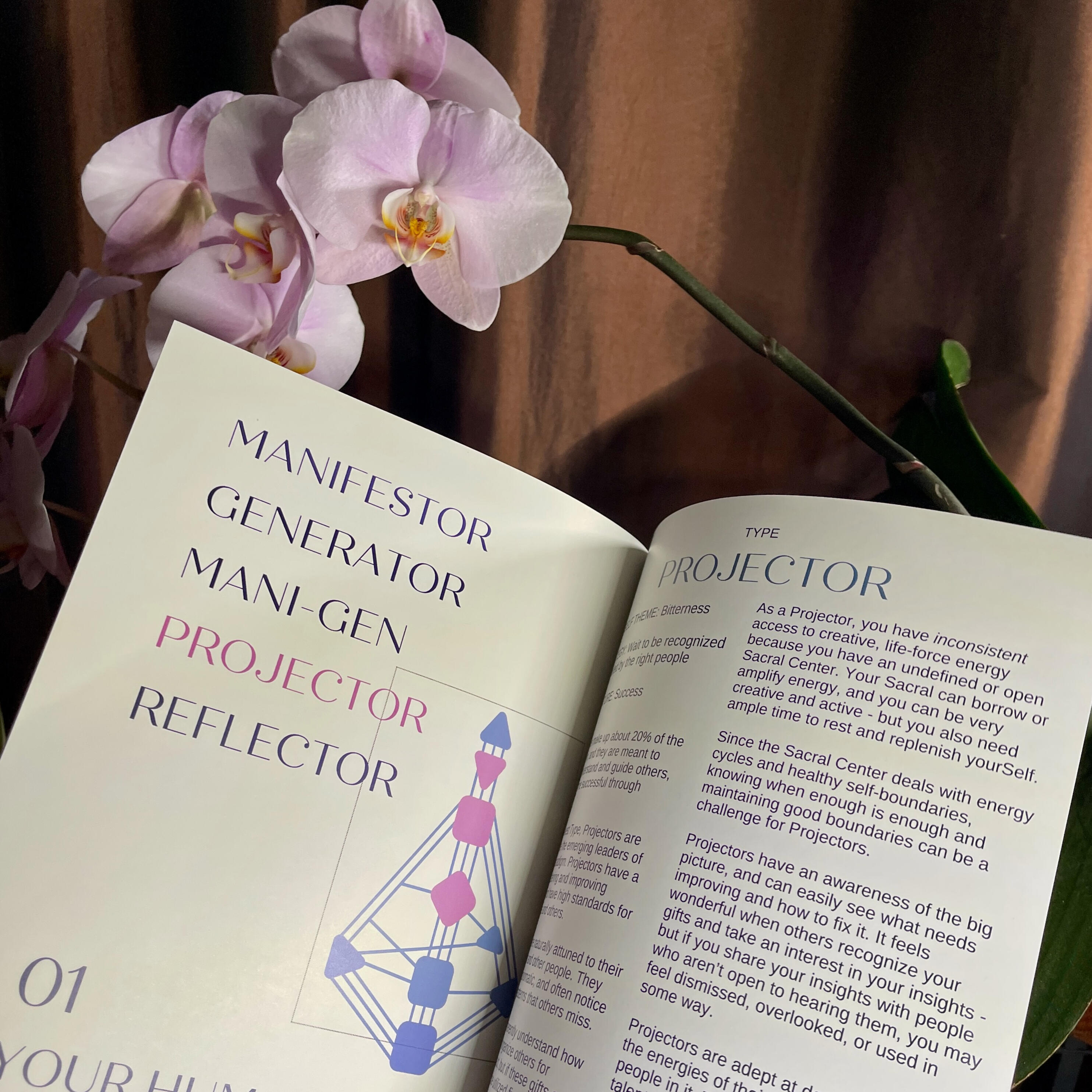 Image of a full-colour printed book of a 90+ page Human Design Chart Report, focusing on a page about Projectors with a chart image in custom colours, exclusively made by Krystal Linnea of Human Design Self.